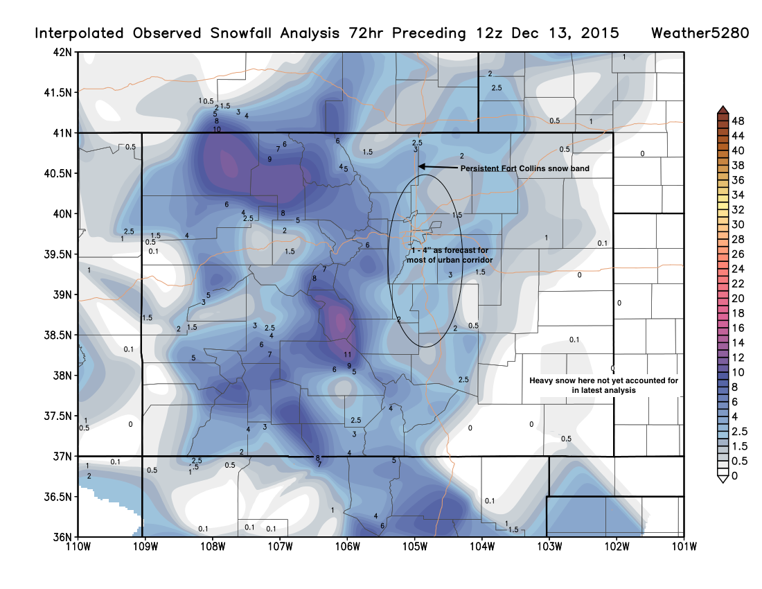 72 hour snowfall totals ending 12z Dec 13, 2015 | Weather5280 Models