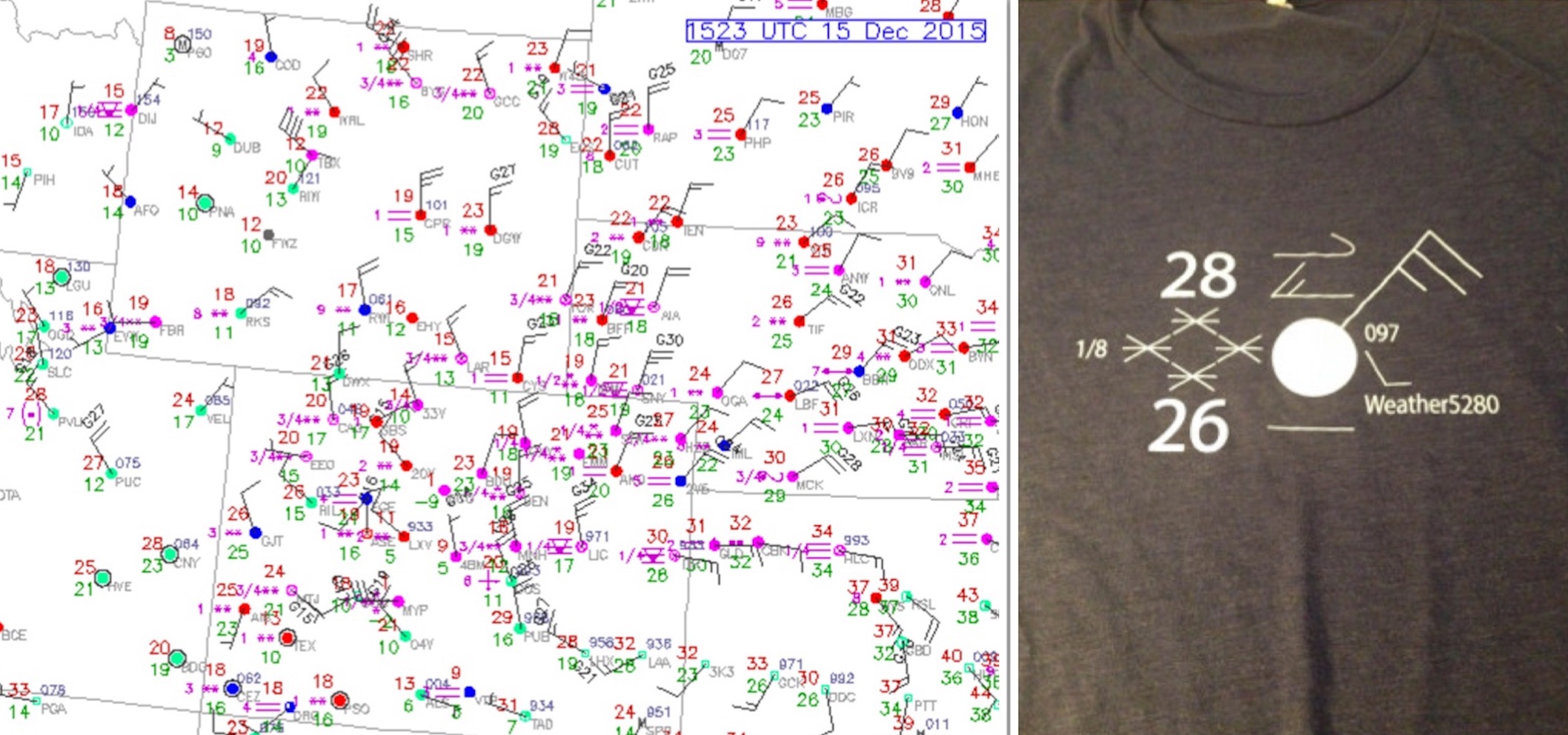 Tuesday morning surface obs across northeast Colorado looking a lot like the Weather5280 shirts!