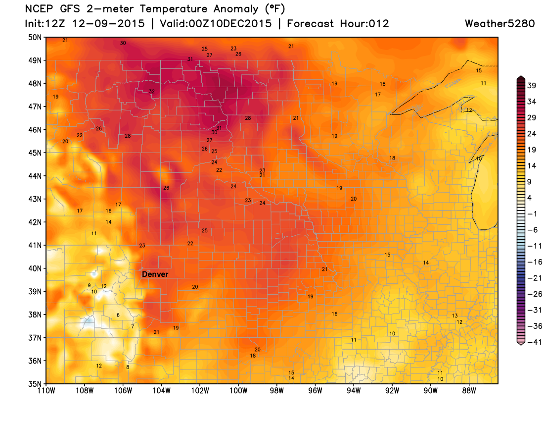 Forecast temperature departures from normal across the north-central United States on Wednesday | Weather5280 Models