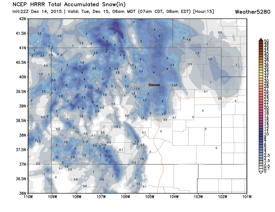 HRRR showing 3 - 4 inches in Denver by 7am Tuesday, with heavier totals favoring locations along and east of I-25. Heaviest snowfall then moves east and northeast through the day Tuesday.