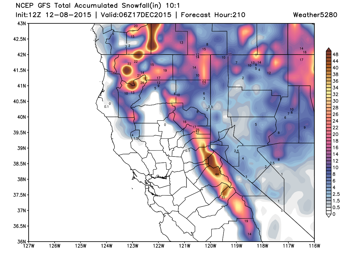 GFS snowfall forecast for northern California | Weather5280 Models