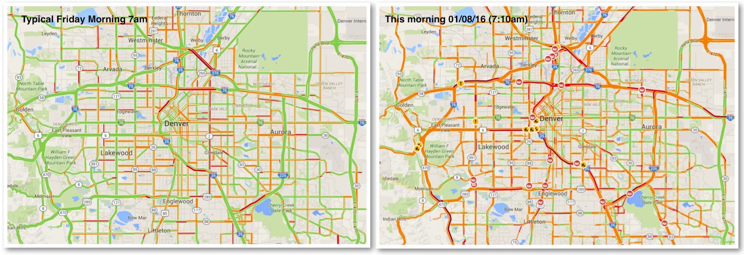 Typical Friday morning traffic delays compared with today's morning commute | Google