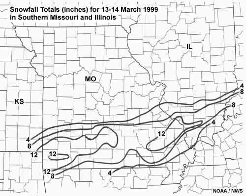 An example of how localized heavy, banded snow events can be.  This event was not necessarily caused by the release of CSI, but CSI tends to leave very localized heavy accumulations such as this particular case. (Source: UCAR)