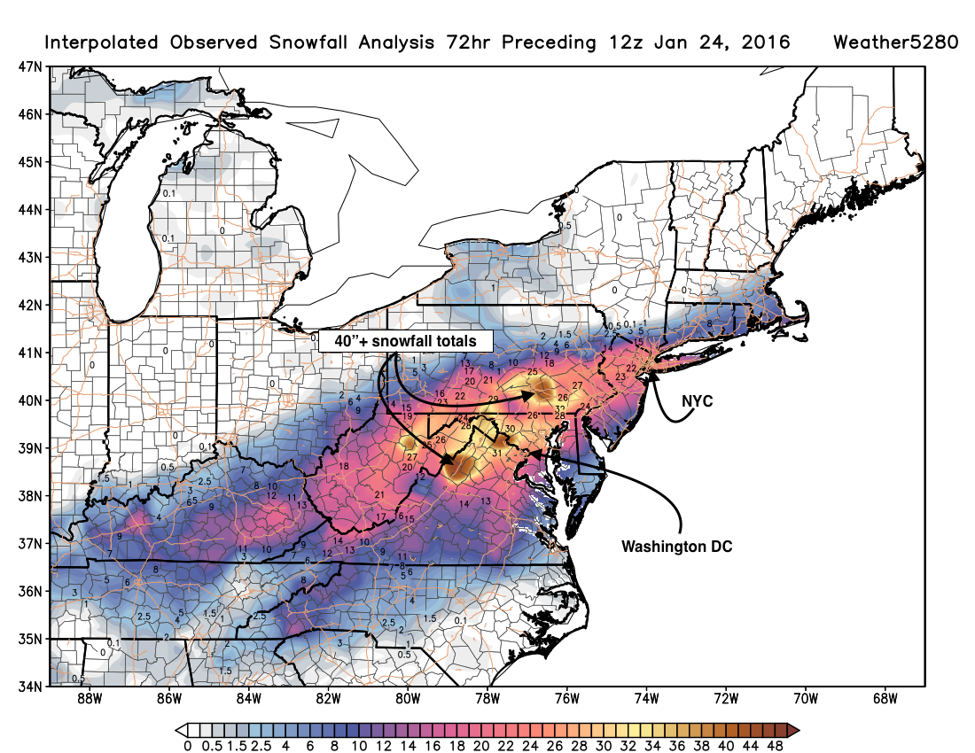 Interpolated snowfall totals for the blizzard of 2016