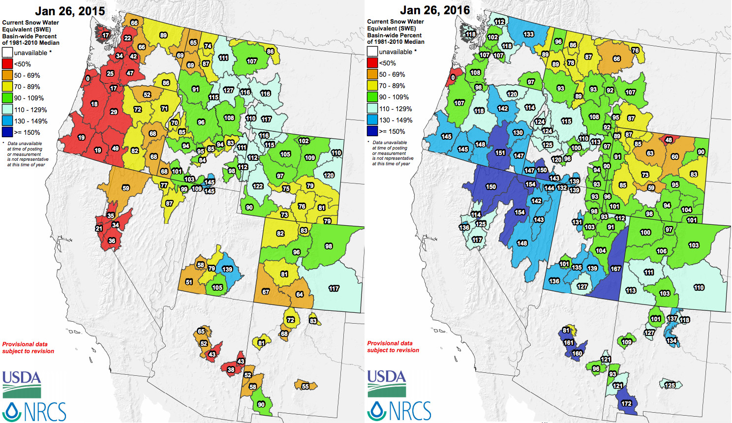 Snowpack numbers compared January 2015, January 2016