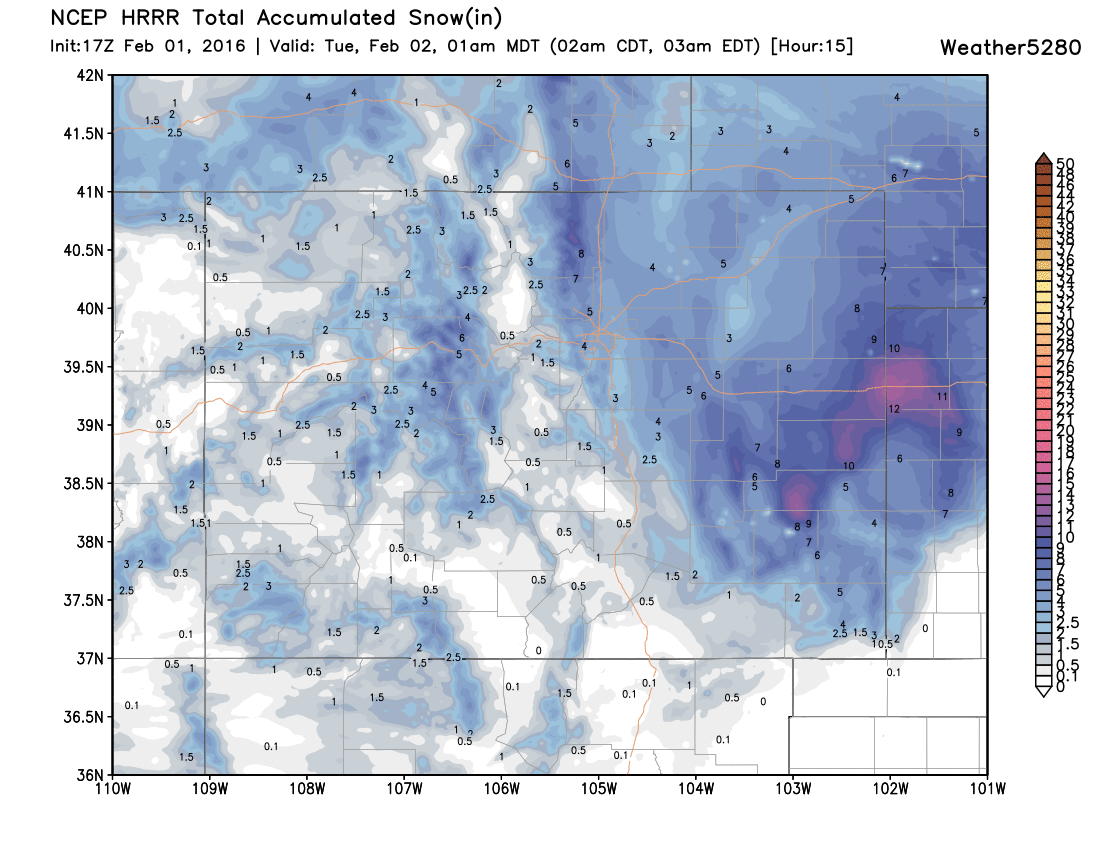 HRRR snowfall forecast through midnight | Weather5280 Models