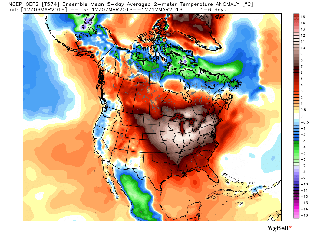 5day temperature anomaly forecast focused on late this week and into next weekend – much warmer than normal across most of the U.S., with greatest departures from normal occurring across the Great Lakes | Weather5280 Models
