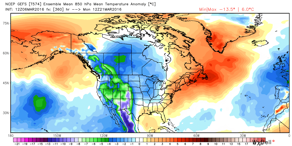 12z GEFS ensemble mean 850hPa temperature anomaly forecast for March 21, 2016 | WeatherBell Analytics