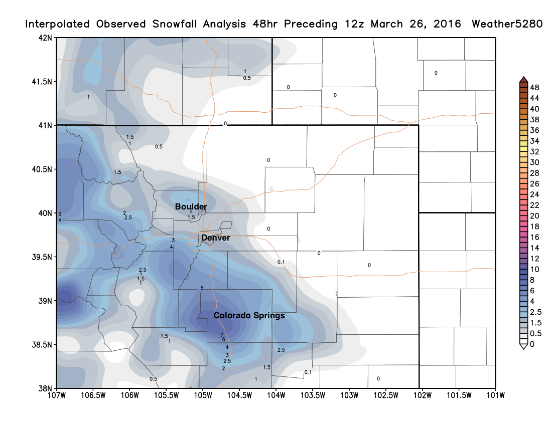 Snowfall totals as of Saturday morning across northeast Colorado