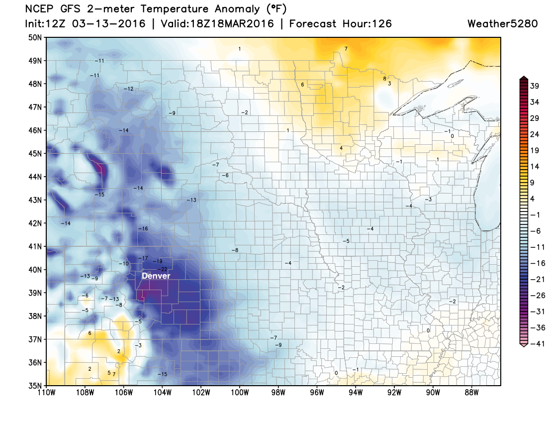 Temperature anomaly forecast for late morning Friday – temperatures from 15 - 25 degrees below normal across eastern Colorado | Weather5280 Models