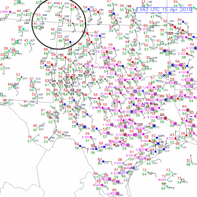 Surface observations from 1343Z April 15 over Texas