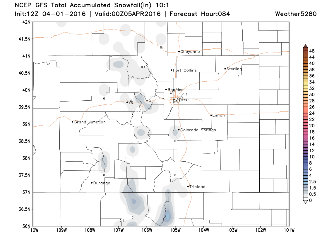 GFS snowfall forecast for Colorado through Monday, April 4 | Weather5280 Models