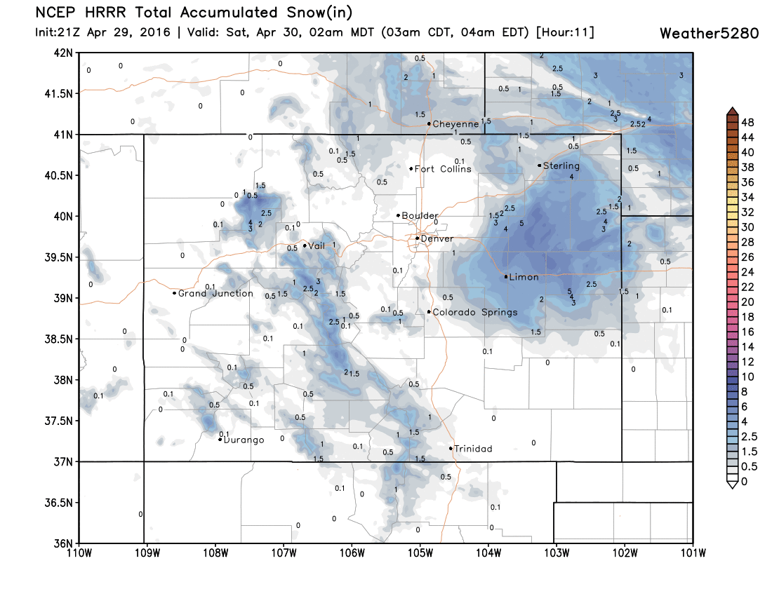 HRRR snowfall forecast through 2am