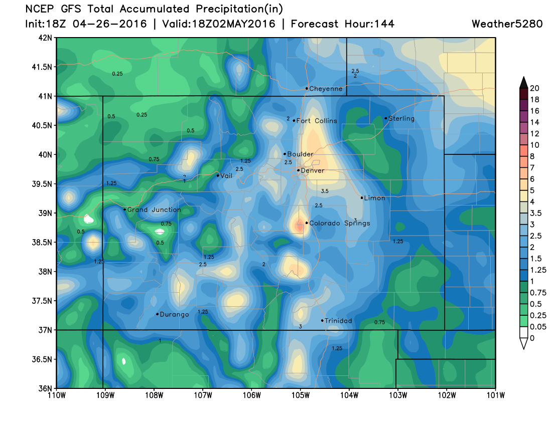 GFS delivers from 2 - 5 inches of liquid to greater Denver area over next several days | Weather5280 Models