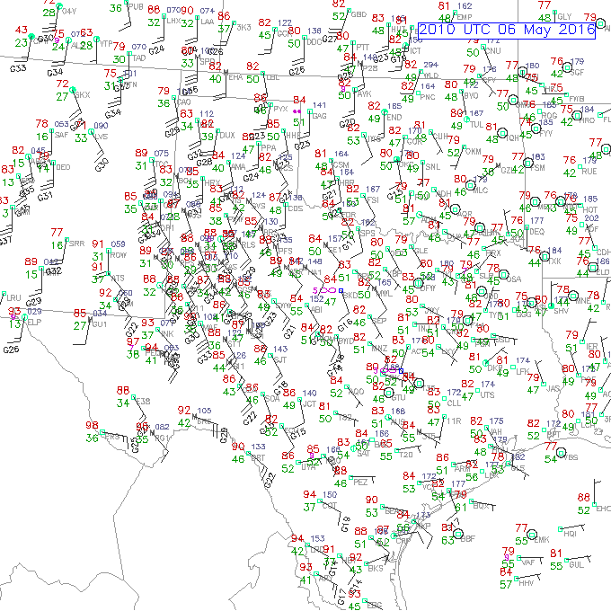 Surface observations from 2010Z showing weak moisture return over Texas