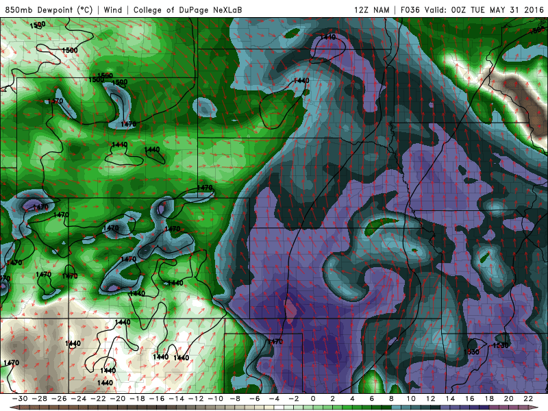12Z NAM 850 mb Dewpoints for 00Z Tuesday| COD Weather