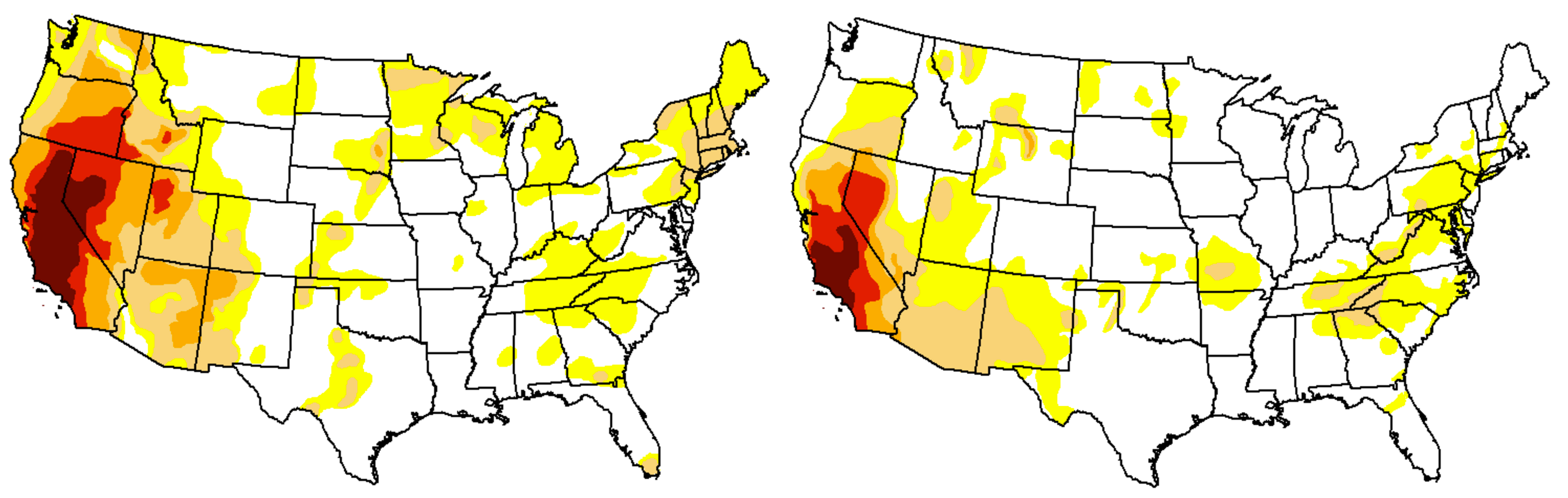 Drought comparisons | End May 2015 left, end May 2016 right | US Drought Monitor