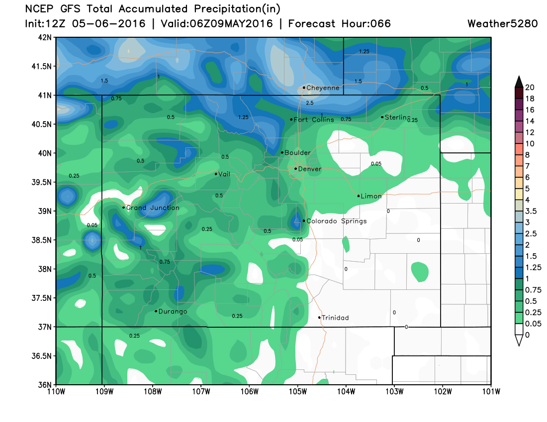 GFS weekend precipitation forecast, greatest totals north of Denver | Weather5820 Models