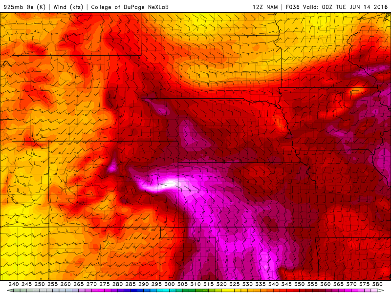 12Z 925 mb theta-e for 00Z Tuesday|Source: COD Weather