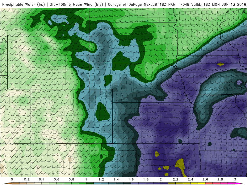 18Z NAM Precipitable Water (inches) for 18ZZ Monday| Source: COD Weather