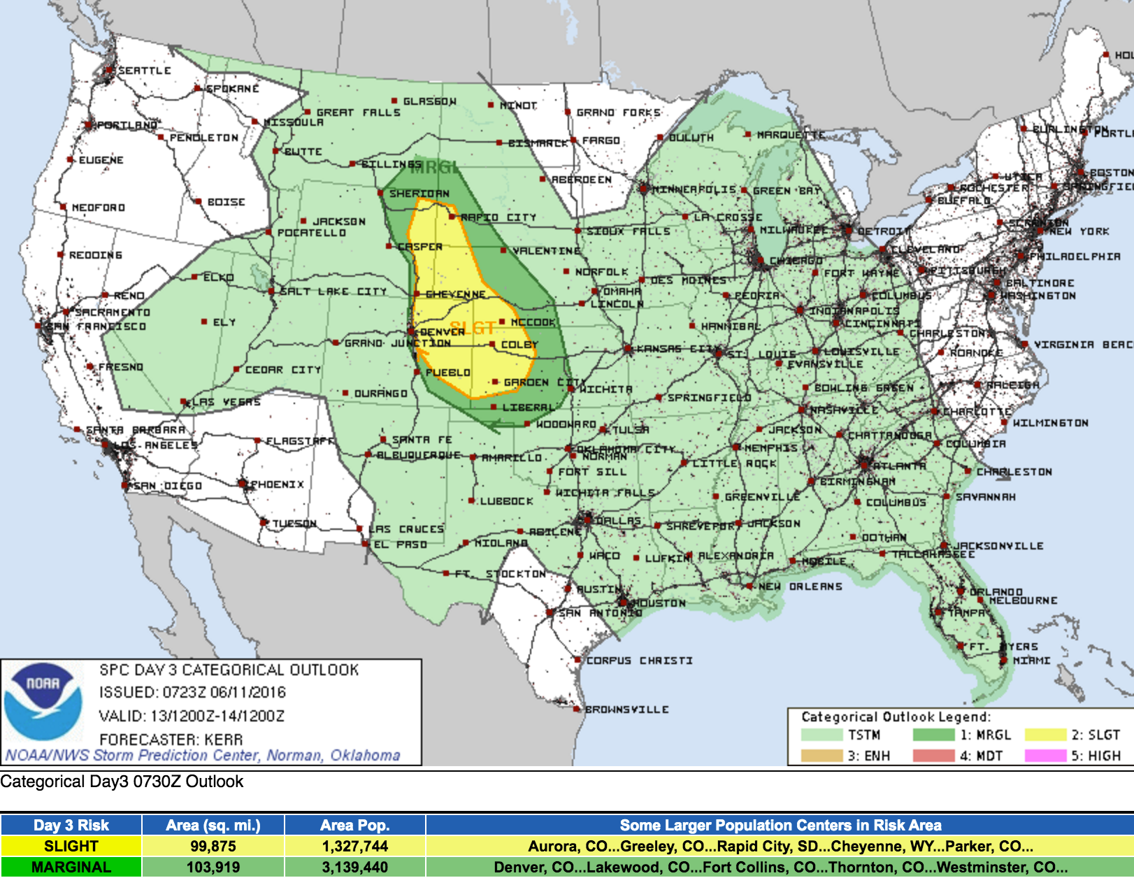 SPC severe weather outlook for Monday, June 13, 2016