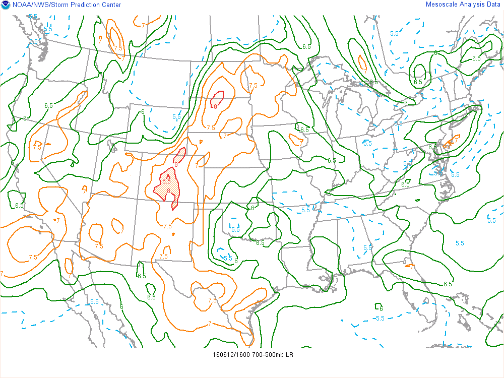 RAP 700-500 mb Lapse Rates at 16Z Sunday| Source: SPC Mesoscale Analysis