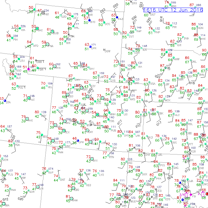 Surface Observations at 1610Z Over NE Colorado|Source: UCAR