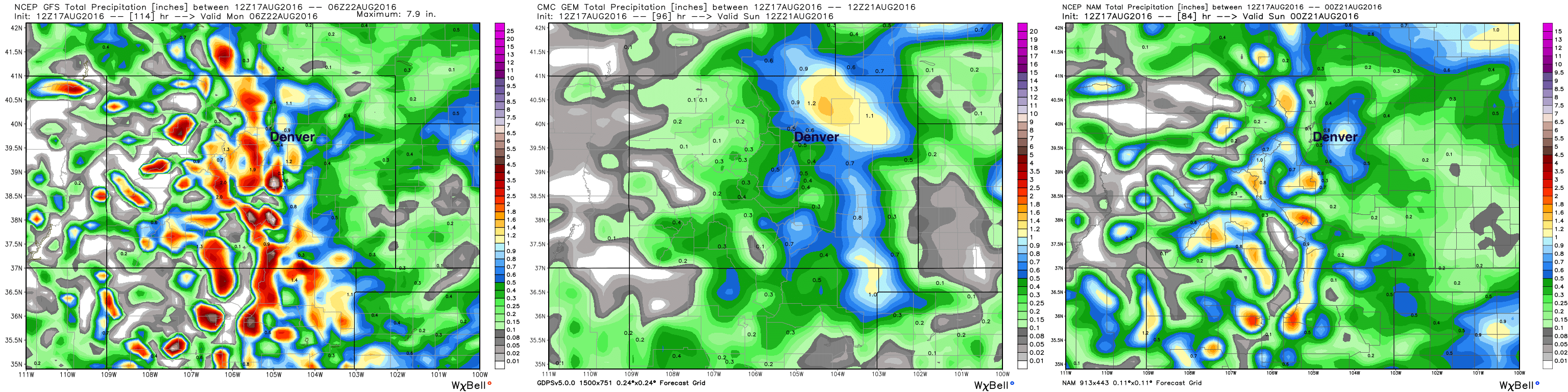 GFS (left) shows greatest precipitation coverage for the higher terrain and I-25 urban corridor, CMC (middle) focuses much of that moisture east of I-25 with 1 - 2 inches across northeast CO, NAM (right) shows good mountain moisture, with limited QPF across the plains | WeatherBell Analytics