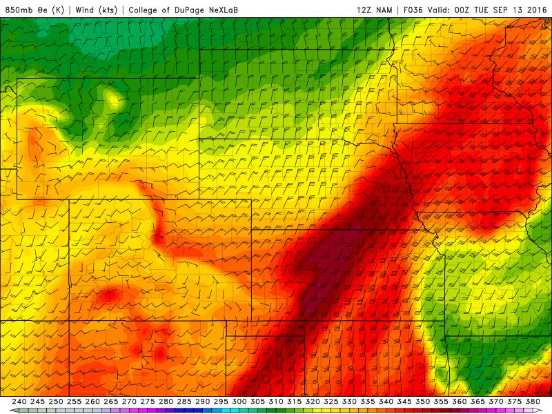 12Z NAM 850 mb winds/theta-e for 00Z Tuesday|Source: COD Weather