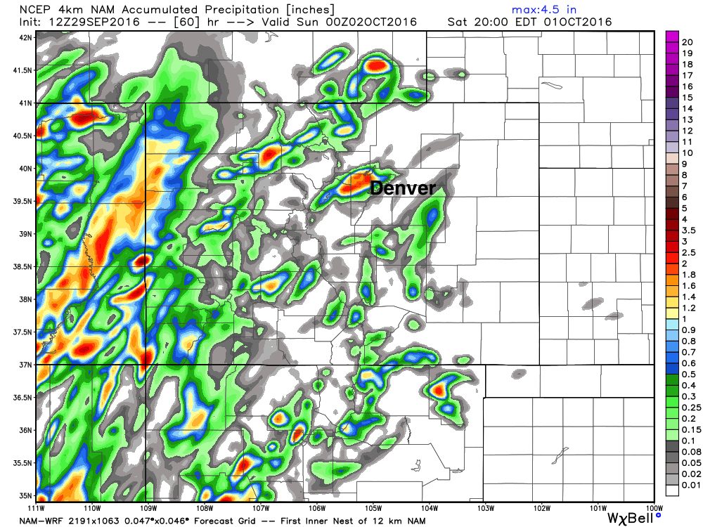 4km NAM shows good moisture for portions of extreme western Colorado, but spottier coverage further east. In this particular run, it does produce a storm across the northwest metro area with isolated heavy rain | WeatherBell Analytics