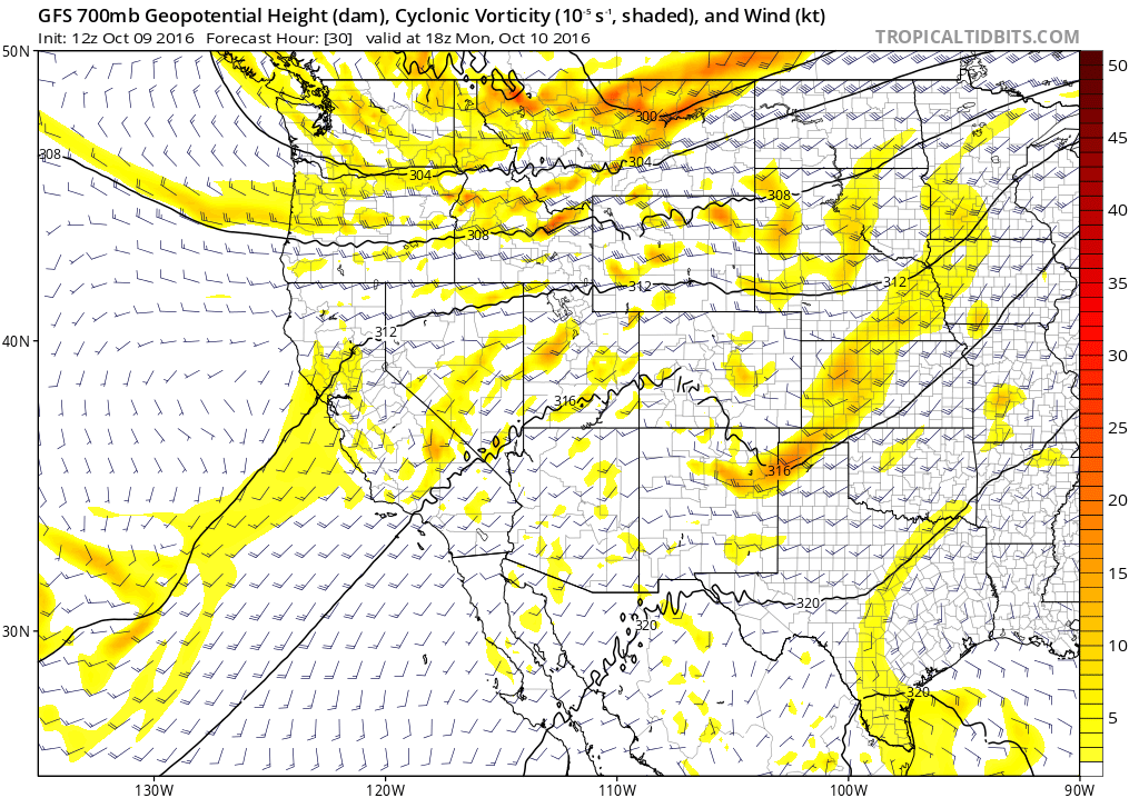 12Z GFS 700 mb winds/vorticity for 18Z Monday|Source: Tropical Tidbits