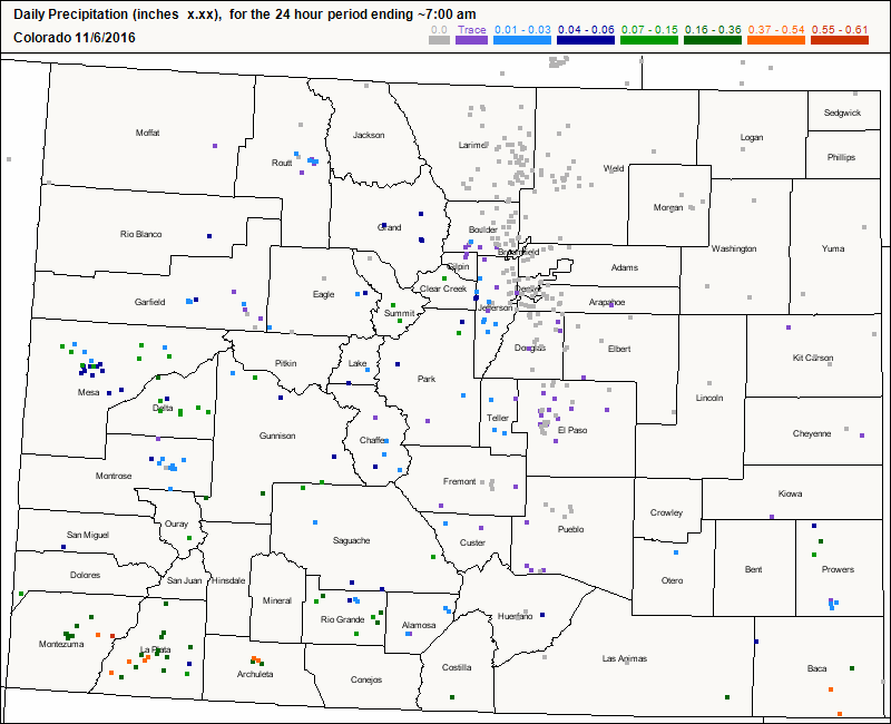 Daily precipitation from 7 AM 11/5 to 7 AM 11/6|Source: CoCoRaHS