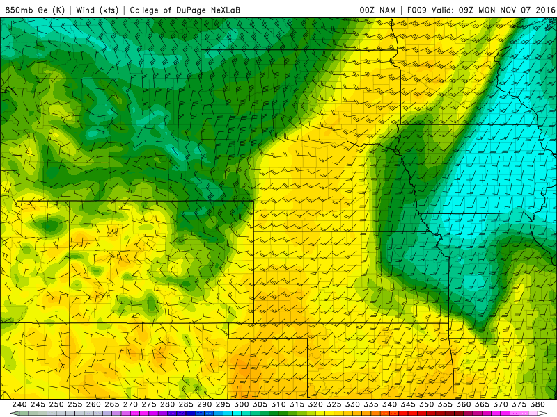 00Z NAM 850 mb winds and theta-e|Source: COD Weather