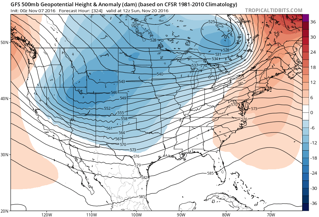 00Z GFS 500 mb geopotential heights and anomalies|Source:Tropical Tidbits