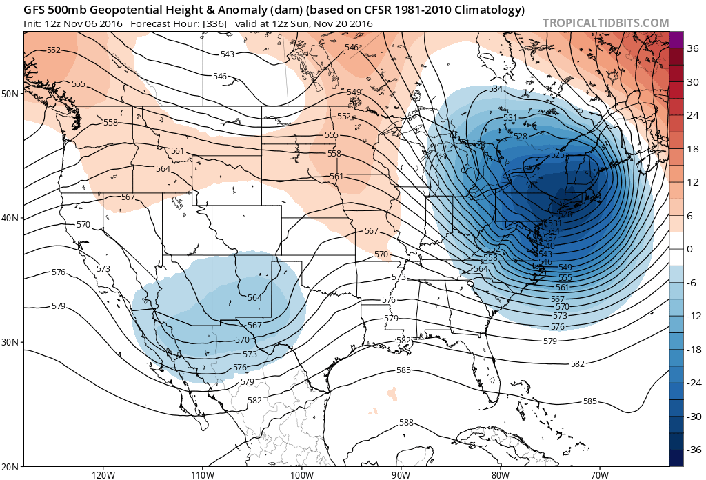 12Z GFS 500 mb geopotential heights and anomalies|Source:Tropical Tidbits