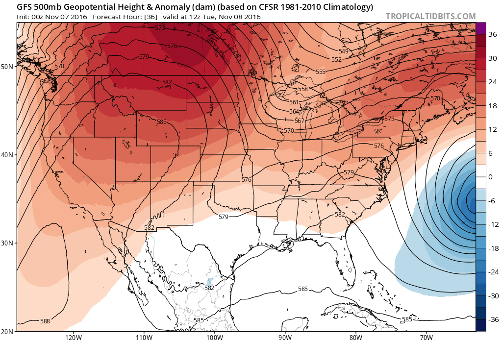 00Z GFS 500 mb geopotential height and anomalies Tuesday morning|Source: Tropical Tidbits