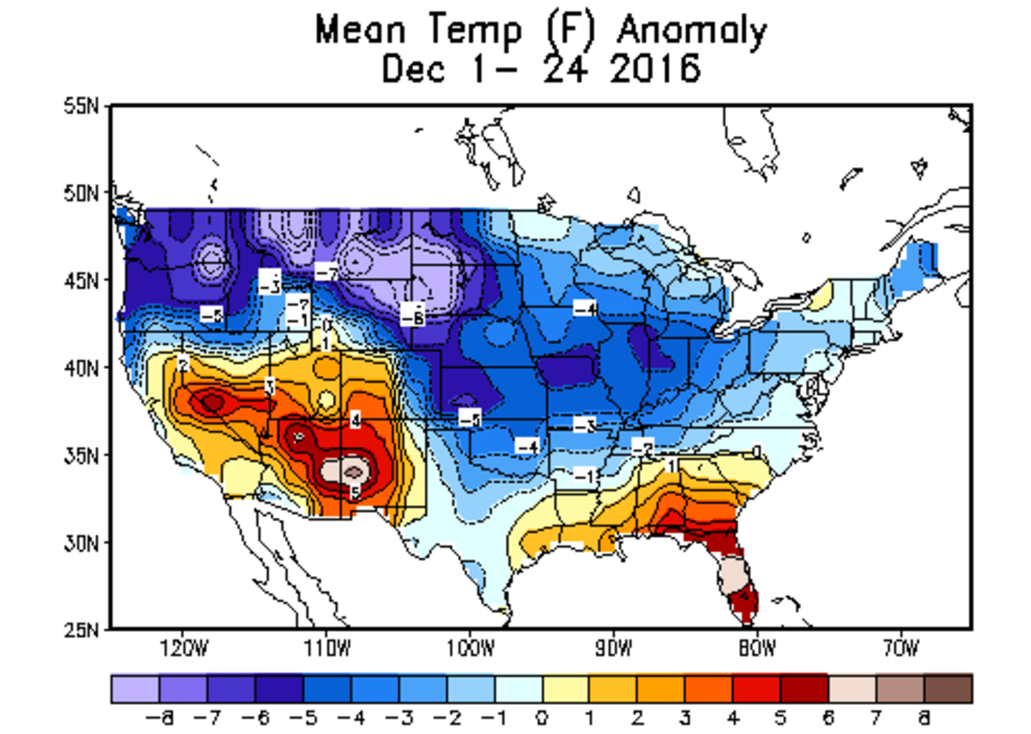 Month to date temperature departures from average across the United States | December, 2016