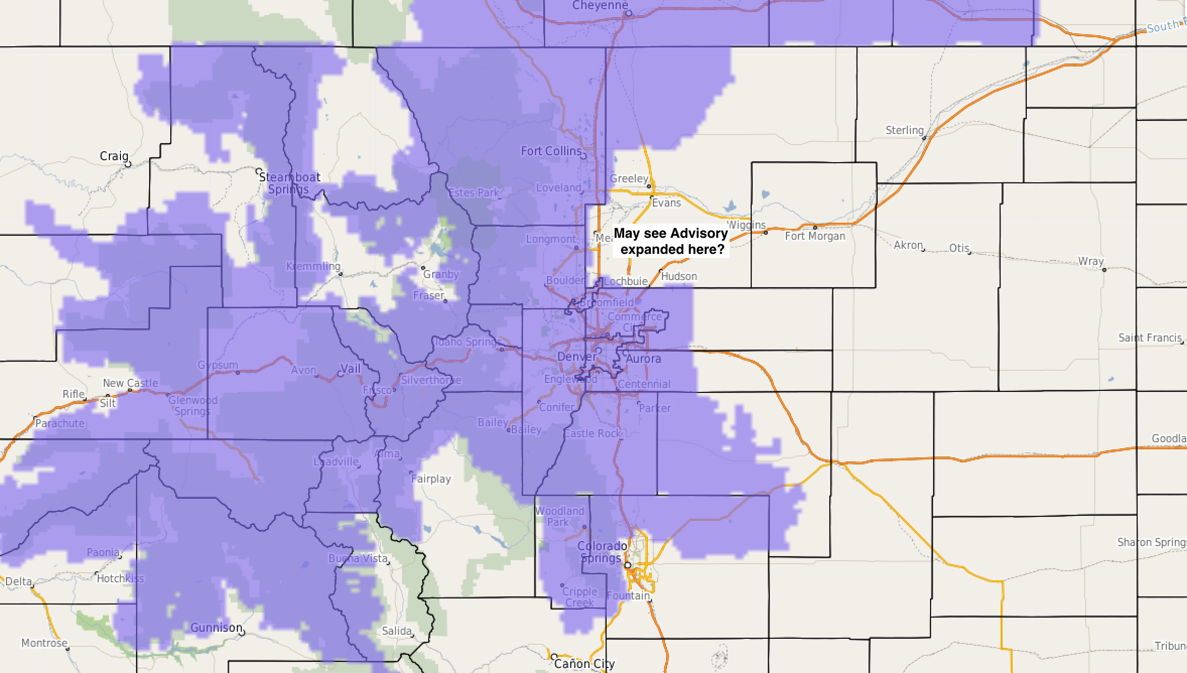 Winter Weather Advisory in purple in effect from 6pm Tuesday though noon Wednesday