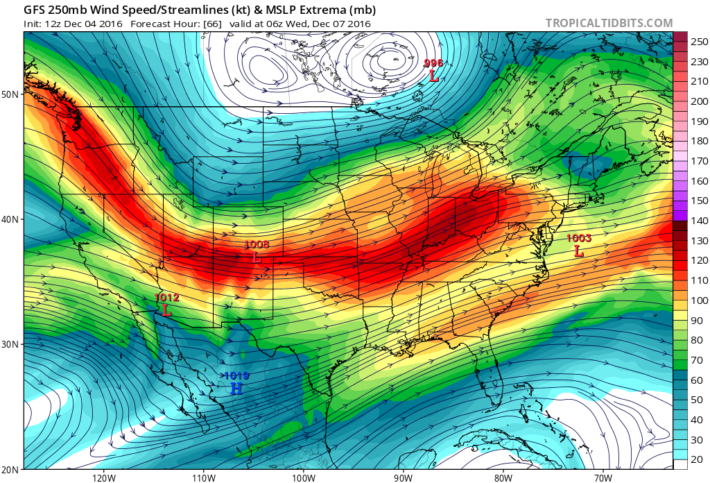 12Z GFS 250 mb winds for 03Z Wednesday|Source: COD Weather