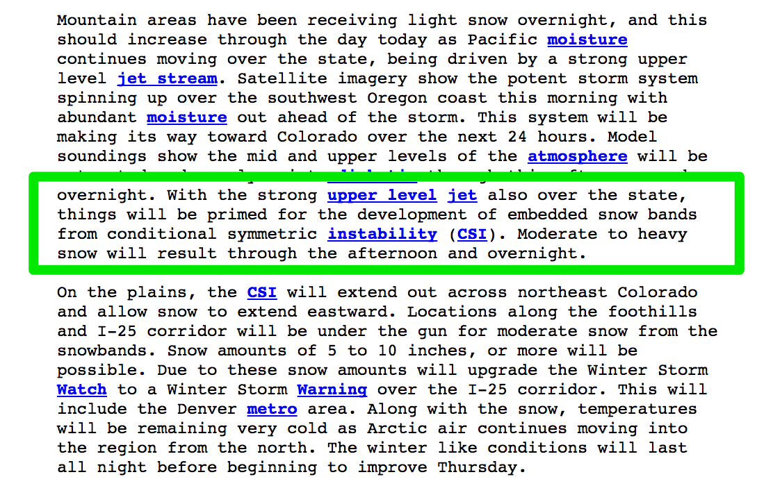 NWS forecast discussion from January 4, 2017 mentioning CSI