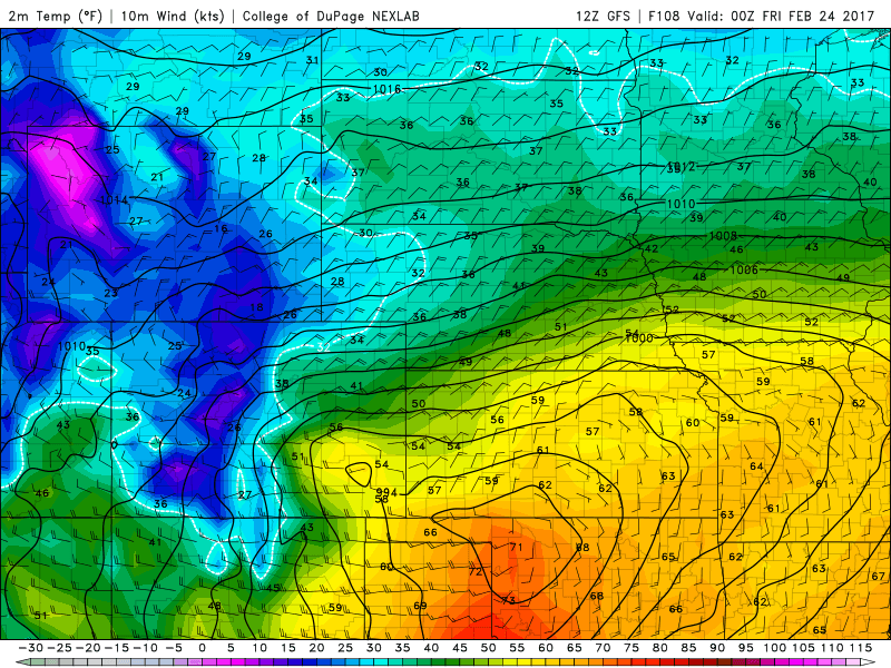 12Z GFS 2m Temperatures and 10m Winds at 5PM MST Thursday|Source: COD Weather