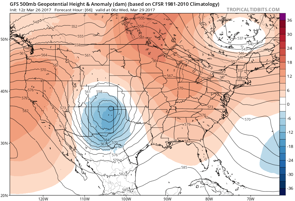 12Z GFS 500 mb heights and anomalies at midnight on Tuesday|Source: Tropical Tidbits