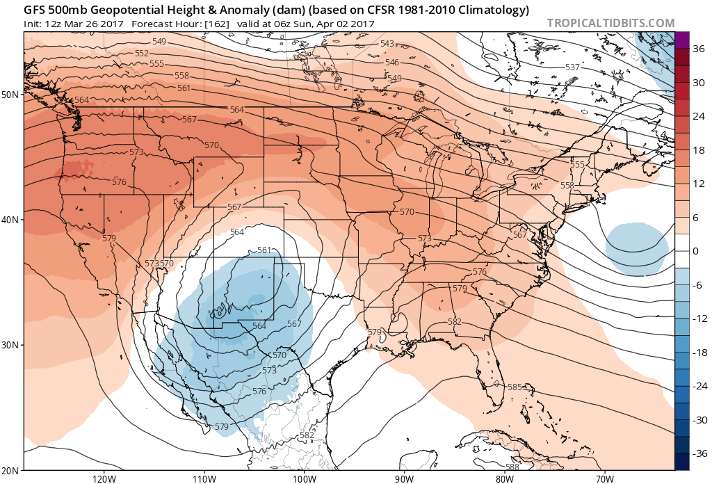 12Z GFS 500 mb heights and anomalies midnight Saturday night|Source: Tropical Tidbits