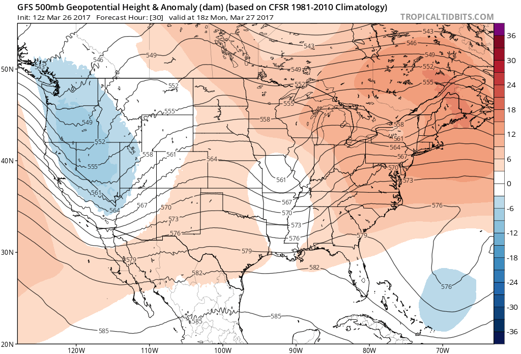 12Z GFS 500 mb heights and anomalies for 12:00 PM MDT Monday|Source:Tropical Tidbits 