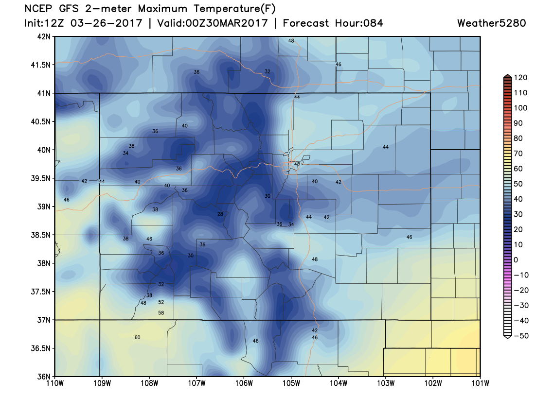 12Z GFS 2m temperatures at 6 PM MDT Wednesday|Source: Weather5280