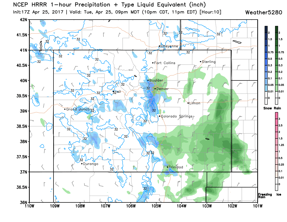 Weather5280 Models | HRRR shows rain and snow over the Denver area at 9pm this evening