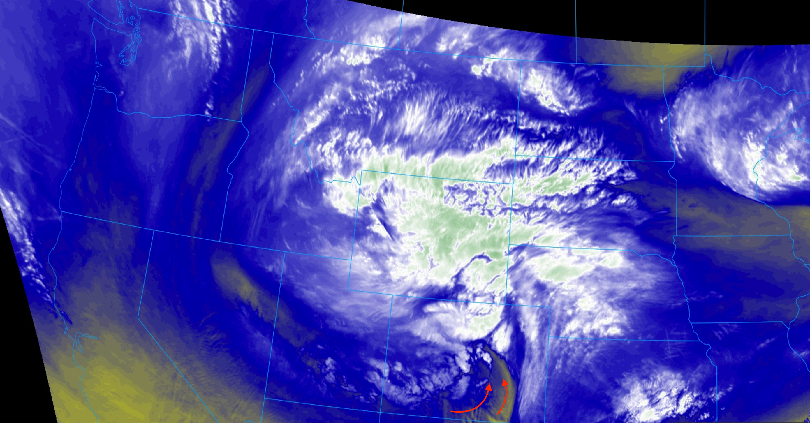 Water vapor shows dry air pushing into southern Colorado