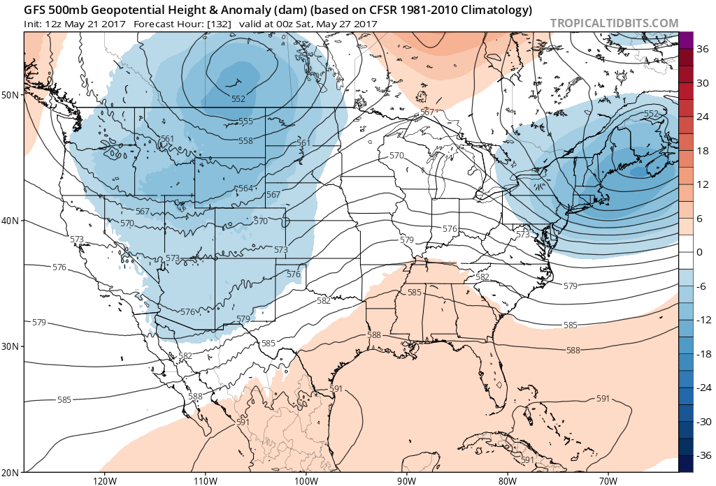 12Z GFS 500mb Heights and Anomalies|Source: Tropical Tidbits