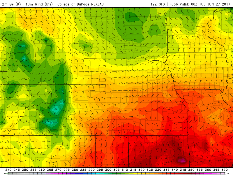 12Z GFS 2m theta-e and 10m AGL winds|Source: College of DuPage