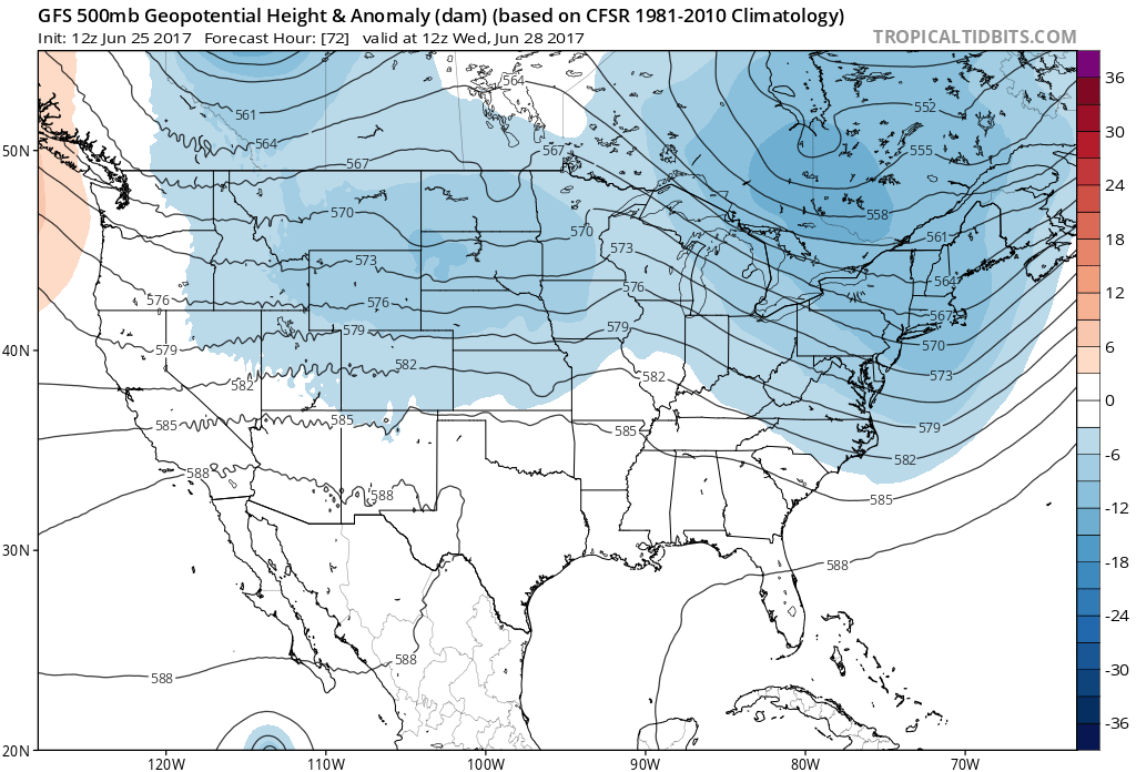 12Z GFS 500 mb geopotential heights and anomalies|Source: Tropical Tidbits